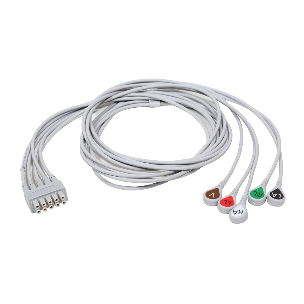 ECG Leadwire set, 5-lead, grouped, snap, AHA, 130 cm/51 in, 1/pack